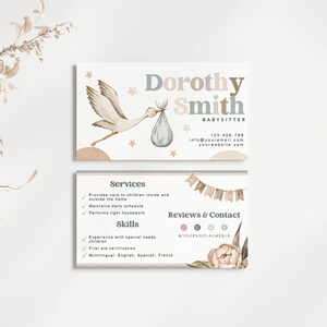 Bewerkbare Boho Babysitter visitekaartje, minimalistische oppas naamkaartje, Instant Download, DIY afdrukbare contactkaart, Canva sjabloon, H806