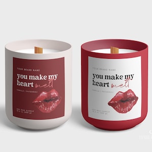May include: Two soy wax candles with red lids and labels. The labels have white text that reads "YOUR BRAND NAME", "you make my heart melt", "VANILLA | PATCHOULI", and "SOY WAX CANDLE 10 oz | 283 g". The candles have wooden wicks and a red lip design on the label.