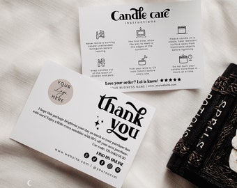 Candle Care Card Template, Editable Business Thank You Card, Modern Candle Instructions Card, Canva Printable, Package Insert Card, H335