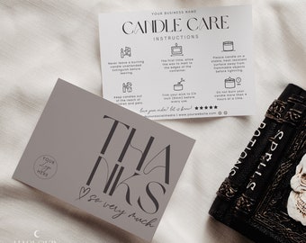 Boho Candle Care Card Template, Editable Business Thank You Card, Modern Candle Instructions Card, Canva Printable, Package Insert Card H370