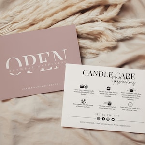 Modello di biglietto per la cura delle candele, biglietto di ringraziamento aziendale modificabile, biglietto di istruzioni per candele di sicurezza, stampabile Canva, biglietto con inserto del pacchetto, H041