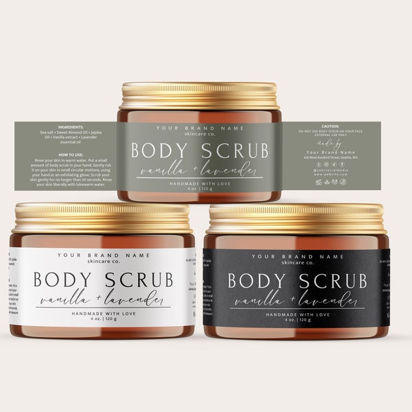 Editable Bath Body Scrub Label, DIY Bath Soak Salt Canva Template, Wrap Round Skincare Label, Beauty Lid Label, Modern Product Label H736