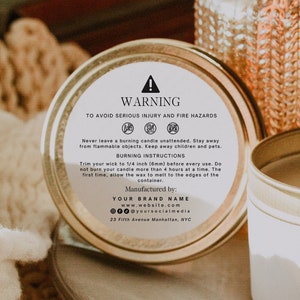 Editable Candle Warning Label Template, DIY Round Candle Safety Label, Customizable Candle Instructions, 2&quot; Round Candle Label Design, H465