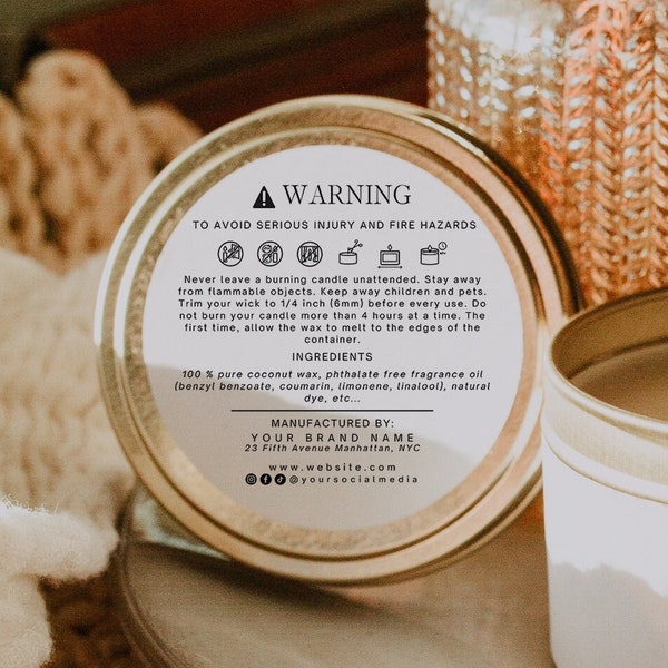 Editable Candle Warning Label Template, DIY Round Candle Safety Label, Customizable Candle Instructions, 2" Round Candle Label Design, H466