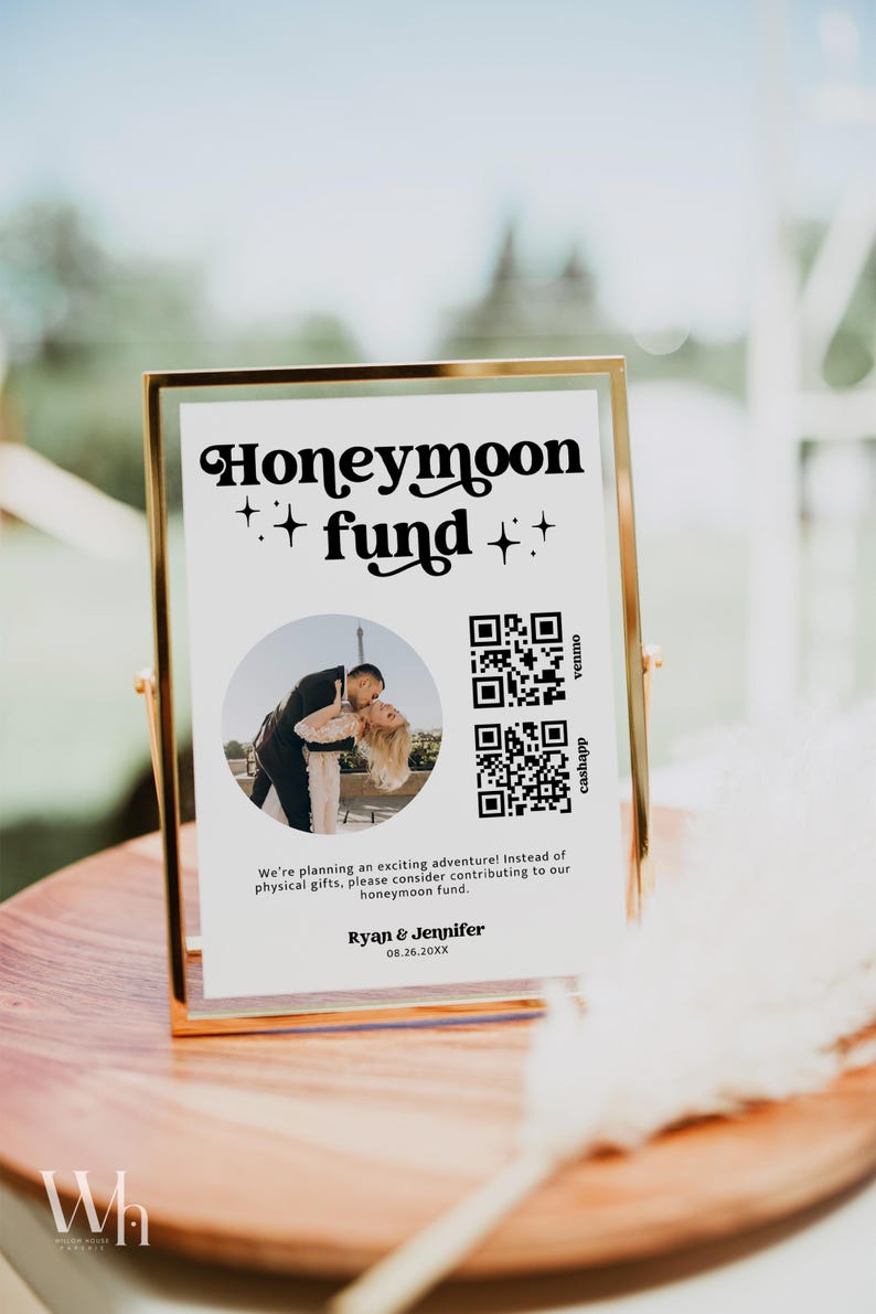 Editable Honeymoon Fund Sign, DIY Venmo QR Code Wedding Wish Sign, Wedding Sign Canva Corjl Template, Retro Sign, Instant Download MIRAY 771 image 1
