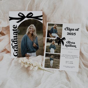 Editable Coquette Graduation Announcement Card, Senior Arch Announcement Party Template, Modern Photo Black Bow Graduation Invitation, 1452