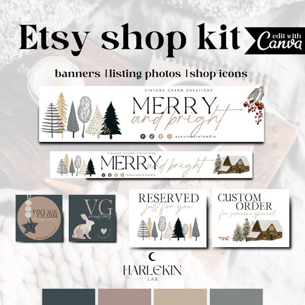 Editable Boho Christmas Etsy Shop Kit, Holiday Etsy Banner Canva Template, DIY Etsy Store Slider, Etsy Store Branding, Etsy Store Brand, 497