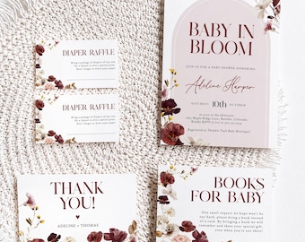 PRINTED + SHIPPED Burgundy Wildflower Baby Shower Invitation Bundle, Fall Flower Baby In Bloom Baby Shower Invitation Suite