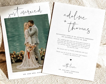 PRINTED + SHIPPED Minimalist Elopement Announcement, Modern Photo Wedding Announcement Card | Adeline