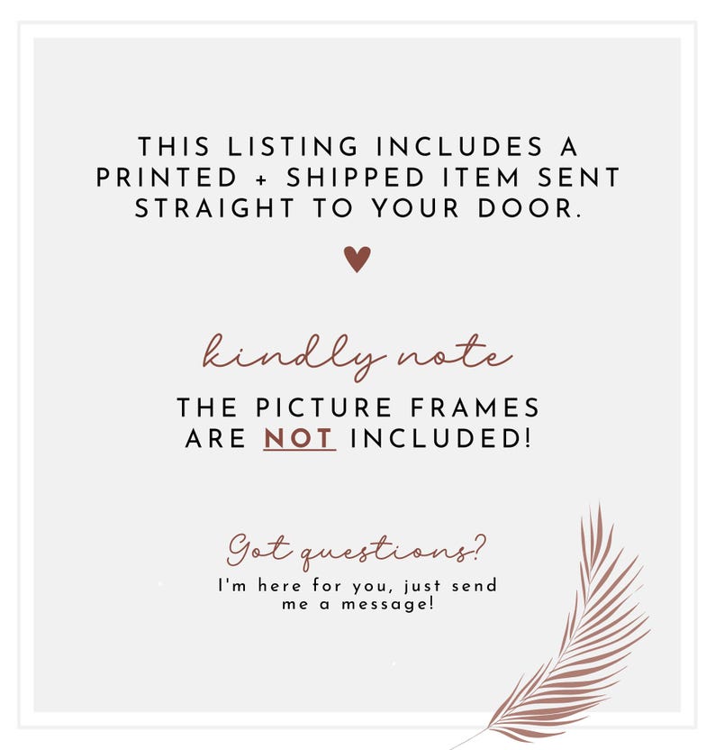 Peut inclure: Graphique carr&eacute;e blanc cass&eacute; avec du texte dans un m&eacute;lange de polices. Le texte se lit comme suit : &laquo; CETTE LISTE COMPREND UN ARTICLE IMPRIM&Eacute; + EXP&Eacute;DI&Eacute; ENVOY&Eacute; DIRECTEMENT &Agrave; VOTRE PORTE. &raquo; et &laquo; LES CADRES NE SONT PAS INCLUS ! &raquo;