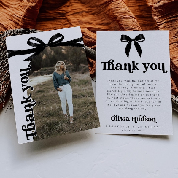 Modern Photo Graduation Thank You Card, High School College Graduation Thanks, Black Bow Thank You, Printable Graduate Thank You Note, 1453