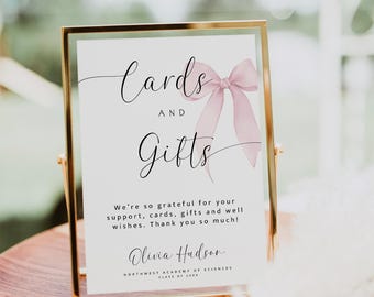 ZARA Editable Coquette Cards and Gifts Graduation Sign Template, Pink Bow Grad Party Table Signs, High School Printable Grad Party Sign 1444