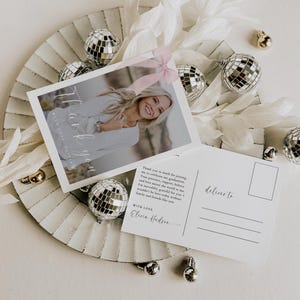 ZARA Modern Graduation Pink Bow Thank You Postcard, Photo High School College Graduation Thank you, Editable Graduate Thank You Note, 1436