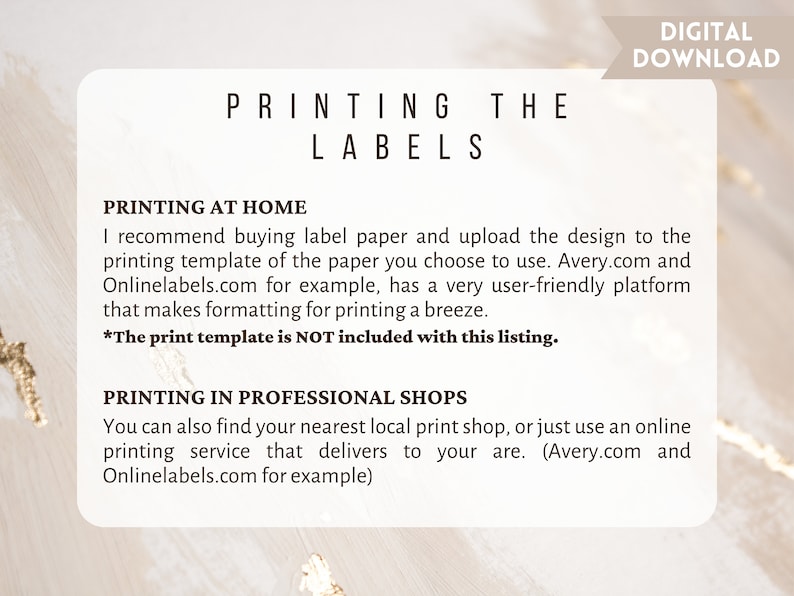 May include: A white background with black text explaining how to print labels at home or in a professional shop. The text includes the websites Avery.com and Onlinelabels.com. The text also states that the print template is not included with the listing.