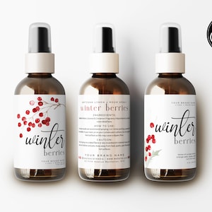 Edytowalny szablon etykiety na spray do pomieszczeń Canva, DIY etykieta na butelkę ze sprayem do pościeli na Boże Narodzenie, drukowana etykieta produktu do ciała lub zapach do domu, etykieta H588