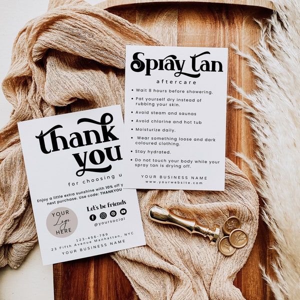 Editable Spray Tan Aftercare Card Template, DIY Artist Tanning Care Card, Tan After Care Instructions, Small Beauty Salon Business, H208