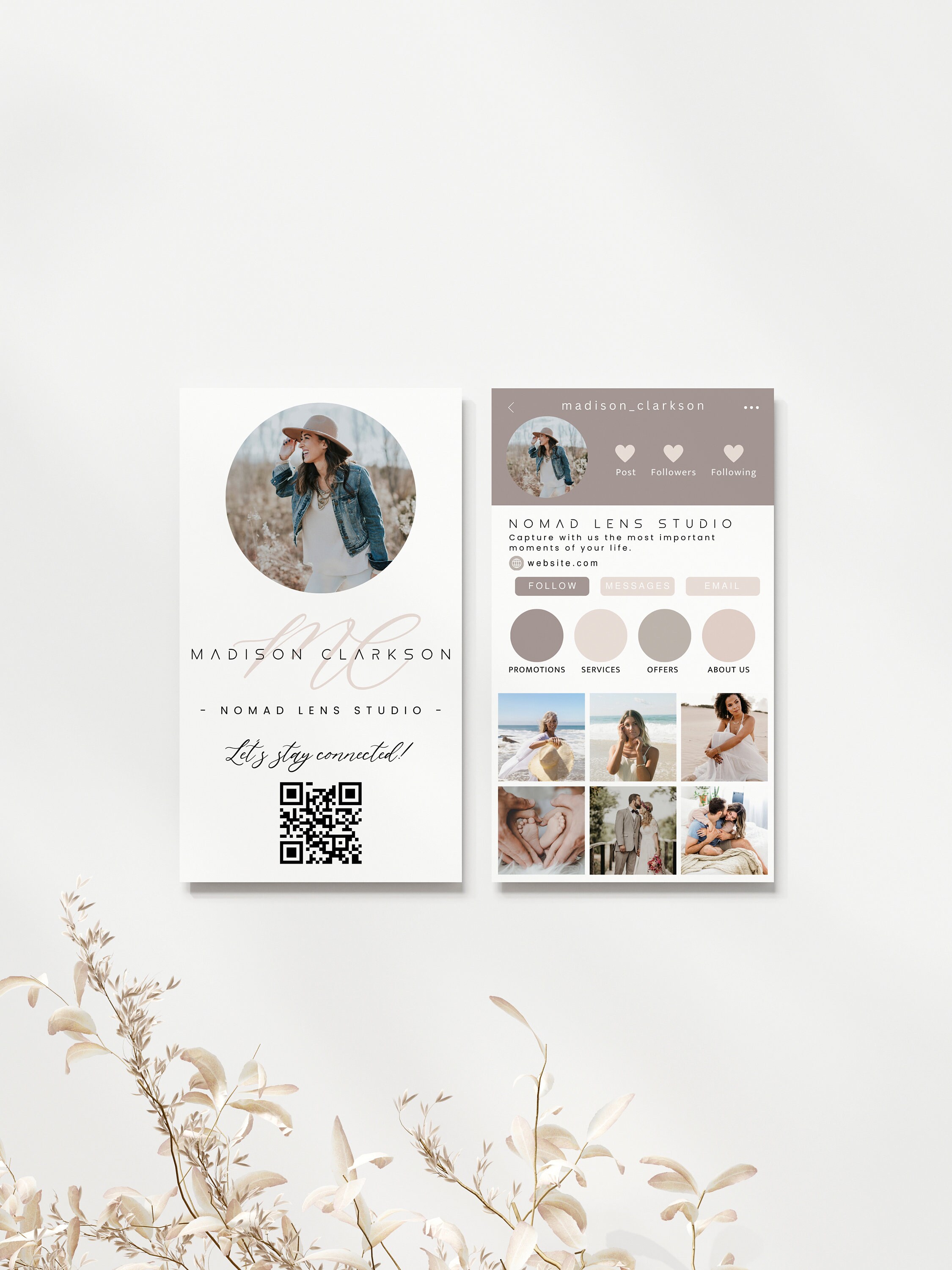 Printable Boho Instagram Style Business Card With QR Code, Name Card ...