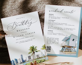 MIAMI Birthday Weekend Invitation Template, Watercolor Miami Birthday Party and Itinerary Invite, Miami Skyline Birthday Trip, 1587