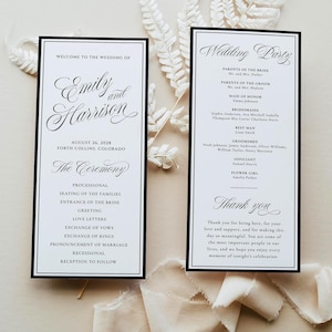 May include: Two vertical white wedding program cards with black borders and elegant black serif and script typography. The left card lists the names Emily and Harrison, the date August 26, 2028, and the ceremony order. The right card lists the wedding party.