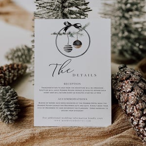 Winter zwart-wit kerstkaart met details, sjabloon trouwdetails, details afdrukbare kaarten, insteekkaart huwelijksuitnodiging | ILA, 1272