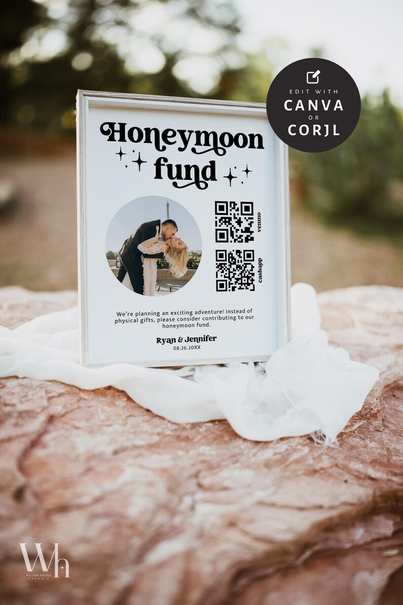 Editable Honeymoon Fund Sign, DIY Venmo QR Code Wedding Wish Sign, Wedding Sign Canva Corjl Template, Retro Sign, Instant Download MIRAY 771 image 2