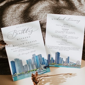 CHICAGO Birthday Weekend Invitation Template, Watercolor Chicago Birthday Party and Itinerary Invite, Chicago Skyline Birthday Trip, 1552