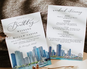 CHICAGO Birthday Weekend Invitation Template, Watercolor Chicago Birthday Party and Itinerary Invite, Chicago Skyline Birthday Trip, 1552
