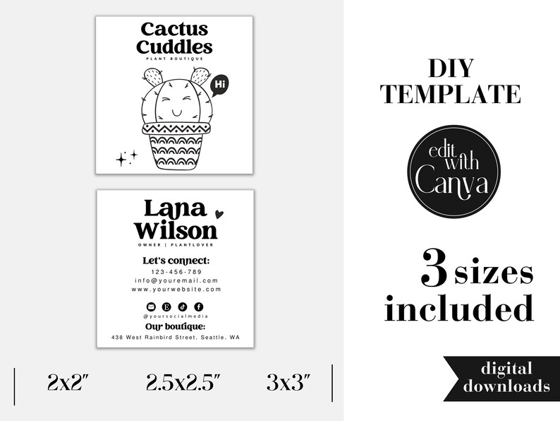 Editable Business Card Template, DIY Cute Succulent Name Card Design ...