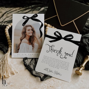 Modern Photo Graduation Thank You Card, High School College Graduation Thanks, Black Bow Thank You, Printable Graduate Thank You Note 1450