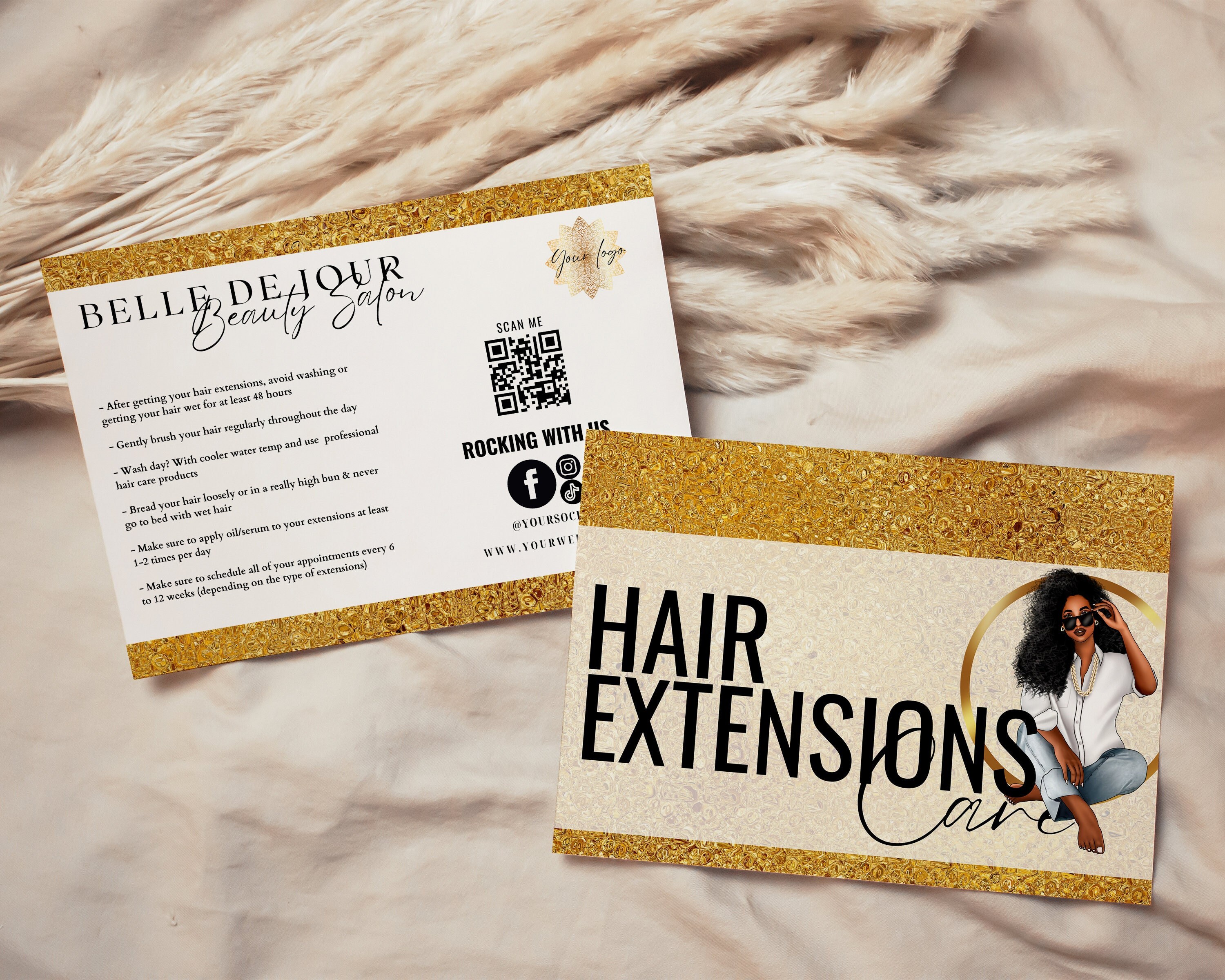 Hair Extension Aftercare Card Template, Editable Luxe Gold Care Card, How to Care Card, Elegant Salon Instruction, DIY Canva Printable, H089