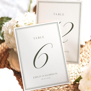 May include: Two off-white rectangular table number cards with dark green borders and text. The front card displays the number 6, the word TABLE, the names EMILIY & HARRISON, and the date 08.26.2028. The back card shows the number 12 and the word TABLE.