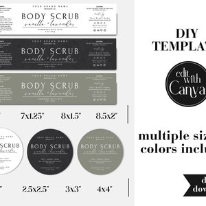 May include: A set of printable labels for body scrub products in various sizes. The labels feature a black and white design with the text "BODY SCRUB vanilla lavender" and are available in white, black, and green.