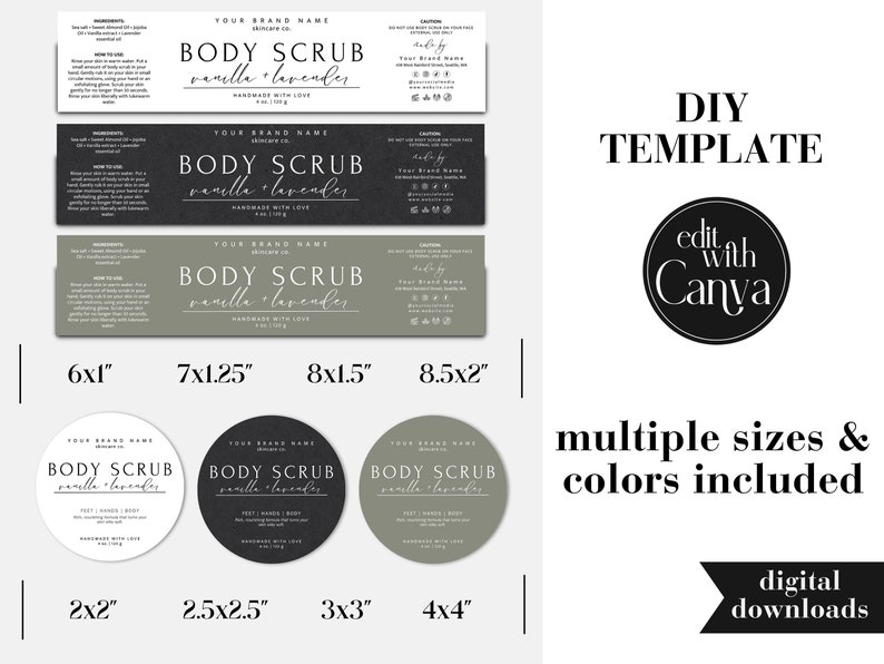May include: A set of printable labels for body scrub products in various sizes. The labels feature a black and white design with the text "BODY SCRUB vanilla lavender" and are available in white, black, and green.