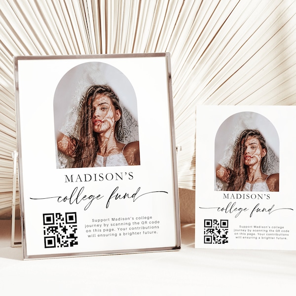 Editable Photo College Fund Sign Template, DIY Grad Party QR Code Sign, Venmo Donation Fund Printable, High School Graduation Table Sign 844