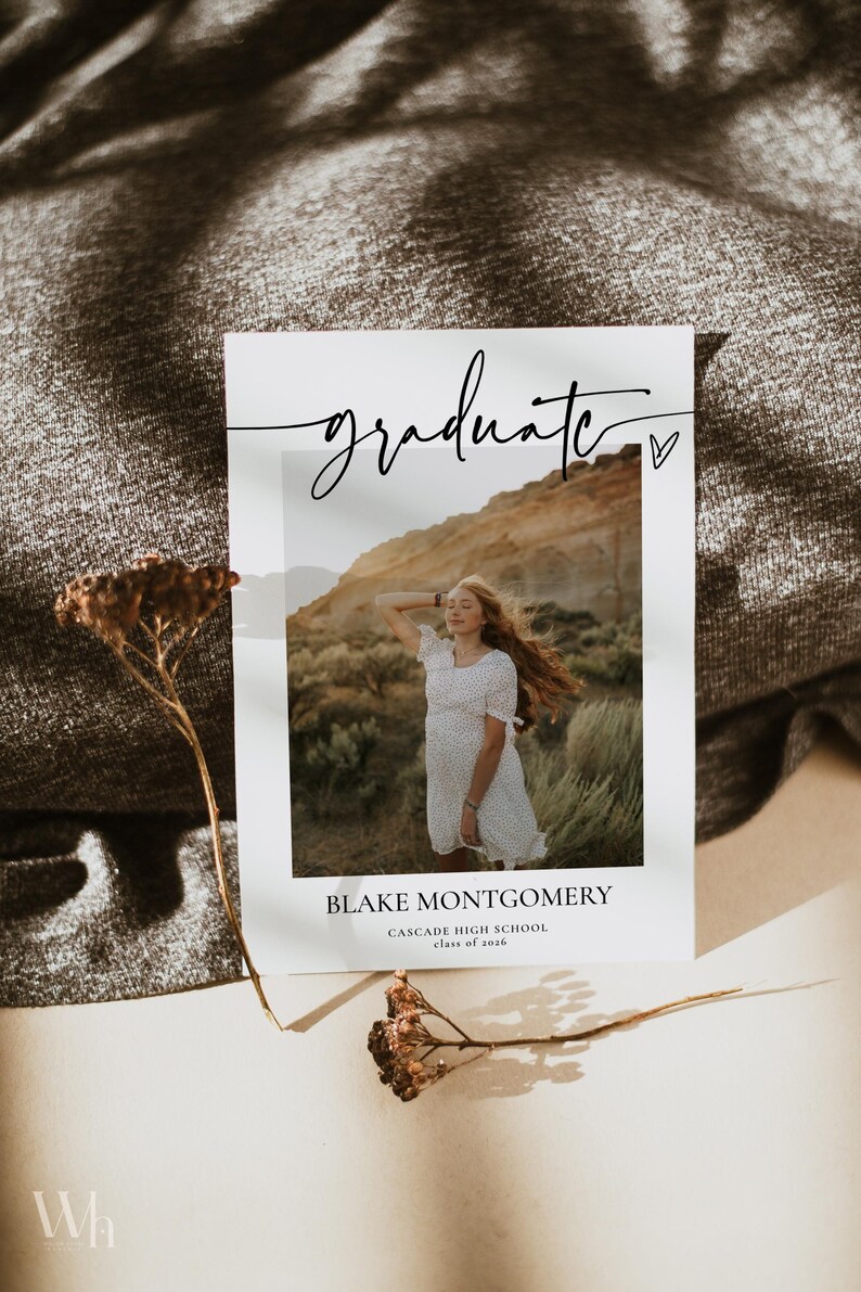 Graduation Card Cursive Minimalist Graduation Announcement Card, Printable Boho Photo ...