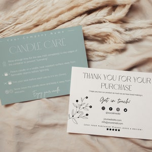 Plantilla de tarjeta para el cuidado de velas, tarjeta de agradecimiento comercial editable, tarjeta de instrucciones de seguridad para velas, Canva imprimible, tarjeta de inserción del paquete, H001