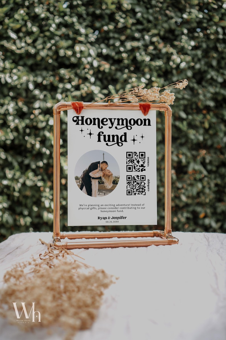 Editable Honeymoon Fund Sign, DIY Venmo QR Code Wedding Wish Sign, Wedding Sign Canva Corjl Template, Retro Sign, Instant Download MIRAY 771 image 9