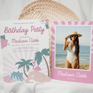 Invito modificabile per festa di compleanno sulla spiaggia, invito di compleanno tropicale per adulti fai da te, invito di compleanno a sorpresa con fenicottero, modello di compleanno oceano 913