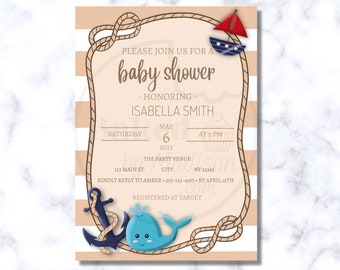 Nautisches Babyparty-Thema einladen, druckbare Einladung, Canva Vorlage, digitale Einladung