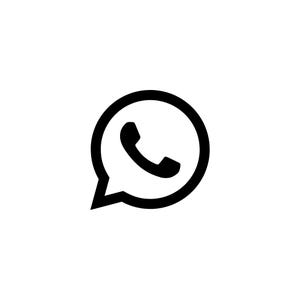 May include: Black and white WhatsApp logo. The logo shows a phone receiver icon within a speech bubble, which has a rounded shape. The speech bubble is outlined in black, and the background is white.