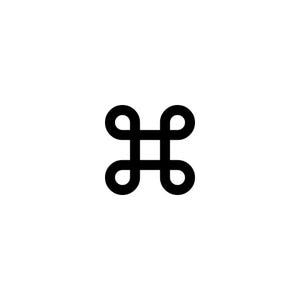 May include: A black, stylized symbol, resembling a square knot or a four-leaf clover, centered on a white background. The symbol is composed of a continuous, thick line with rounded ends, creating a symmetrical design. The overall aesthetic is minimalist and modern.