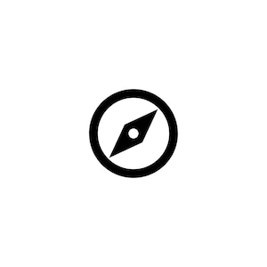 Puede incluir: Un icono de brújula en blanco y negro. La brújula tiene forma circular con un contorno negro, que encierra una flecha negra que apunta diagonalmente. Un pequeño punto blanco está en el centro de la flecha.