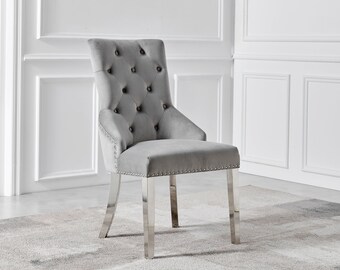 Lion Head Knocker "KENSINGTON" BLACK GREY Velvet Button Dining Chair Lion Head Knocker "KENSINGTON" BLACK GREY Velvet Button Dining Chair