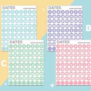 Feuille d'autocollants Date Circle - Printemps - 72 autocollants - Planificateur, étiquettes, organisation, bullet journaling, Deco, Polco