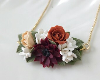 Floral arrangement Necklace, fall necklace, Dahlia necklace. Handmade necklace.