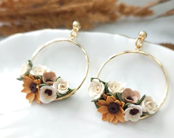 Sunflower bouquet, Floral earrings,  handmade polymer clay earrings, sunflower flowers Earrings, fall Earrings.