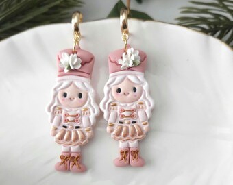 Nutcracker Polymer Clay Earrings, Girl Nutcracker Earrings, Christmas Earrings, pink Christmas, Girl earrings, Nutcracker earrings.