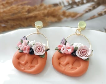 Pumpkin Dangle Earrings, Fall Floral pumpkin Polymer Clay Jewelry, thanksgiving jewelry, Pumpkin Patch Earrings.