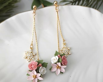Polymer Clay Earrings, Pink poinsettia earrings, Christmas Earrings, Christmas Earrings, Dangle Earrings Christmas, Snowflake earrings.