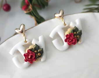 Joy Polymer Clay Earrings, Christmas Floral Earrings, Christmas Earrings, Joy earrings, polymer clay earrings.